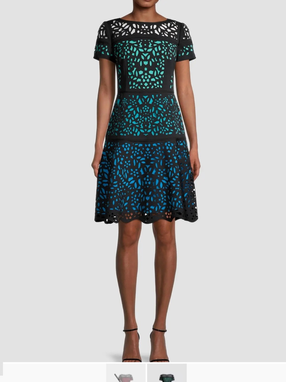 Shani Floral Laser-Cut Fit & Flare Dress in Black with Teal and Blue Accents